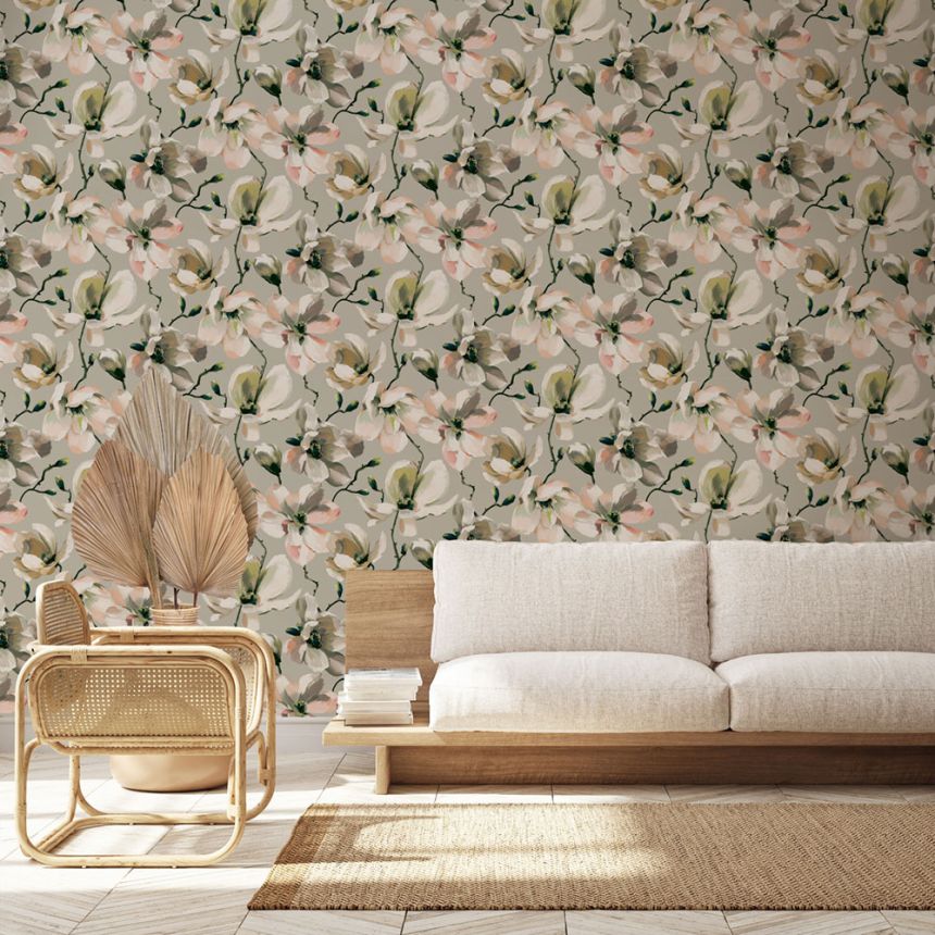 Vliestapete, beige, weiß, Magnolienblüten, 47464, Flora, Marburg