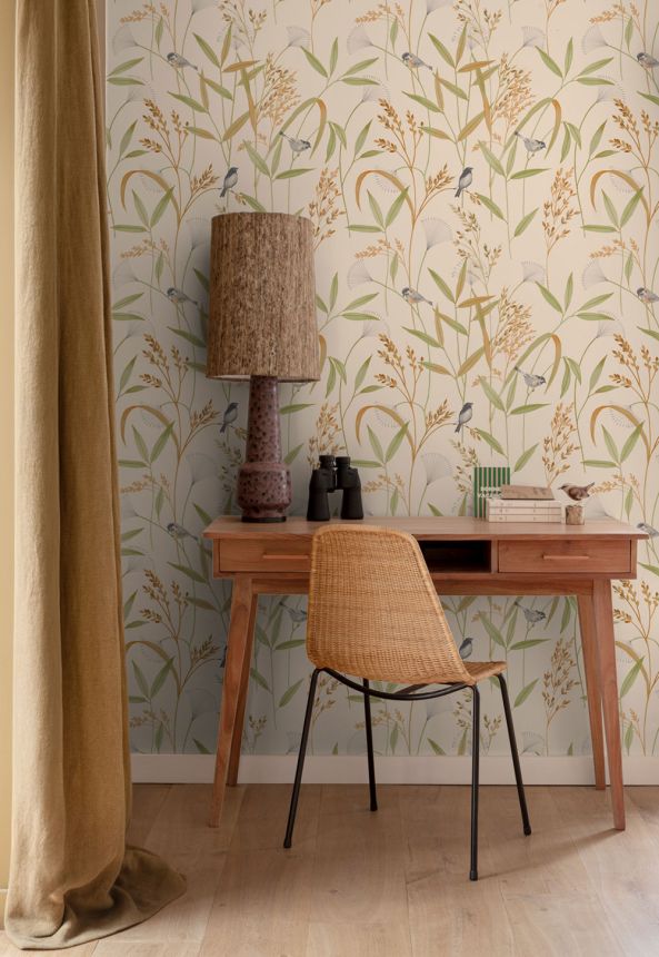 Tapete, beige-grün, Wiesen-Gras, Vögel, A83501, Inia, Grandeco