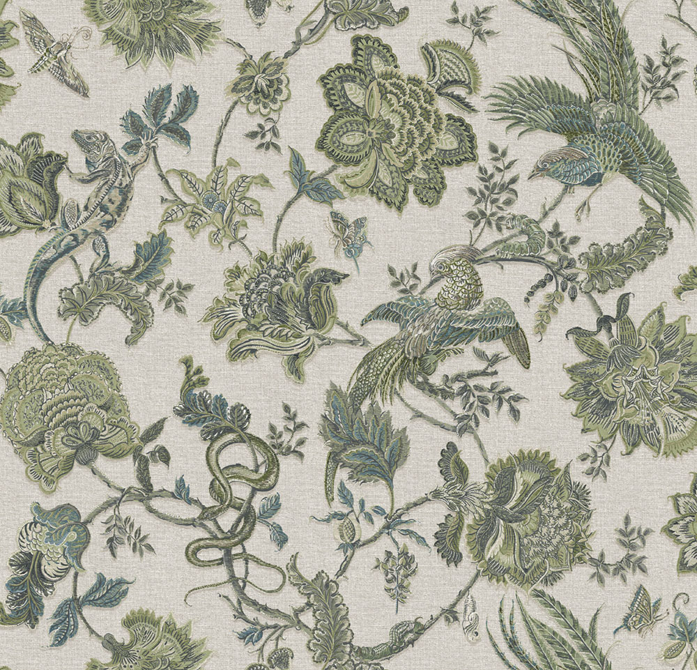 Tapete, beige-grün, Blumen, Tiere, 143239, Jaipur, Graham Brown Premium