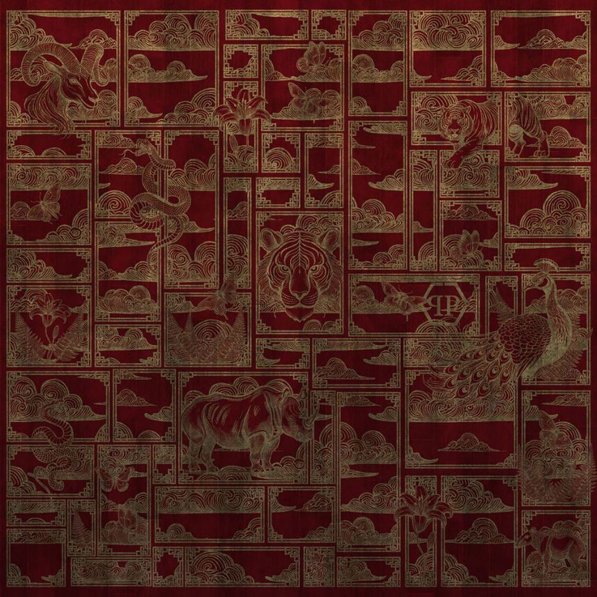 Fototapete, rot, gold, Tiger, Bilder, Z81066, 3x3 m, Philipp Plein 2, Zambaiti Parati