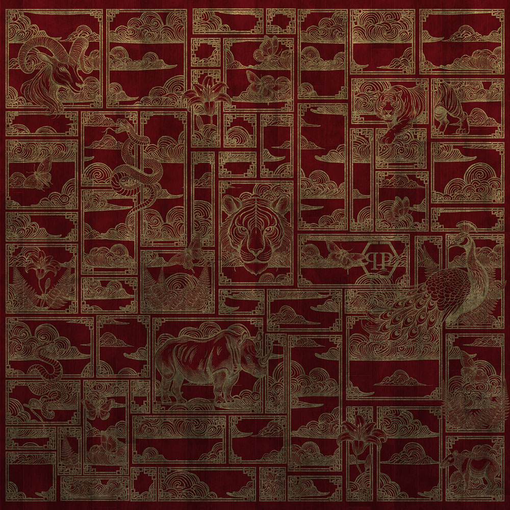Fototapete, rot, gold, Tiger, Bilder, Z81066, 3x3 m, Philipp Plein 2, Zambaiti Parati