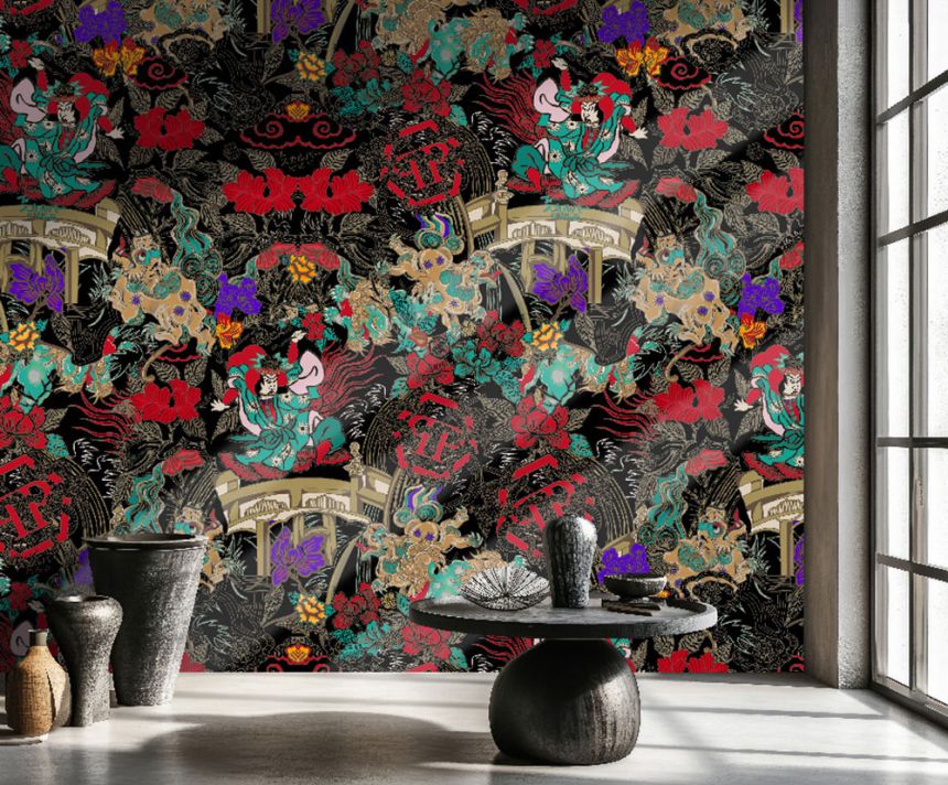 Fototapete, schwarz, rot, Figuren, Blumen, Z81079, 2x3 m, Philipp Plein 2, Zambaiti Parati