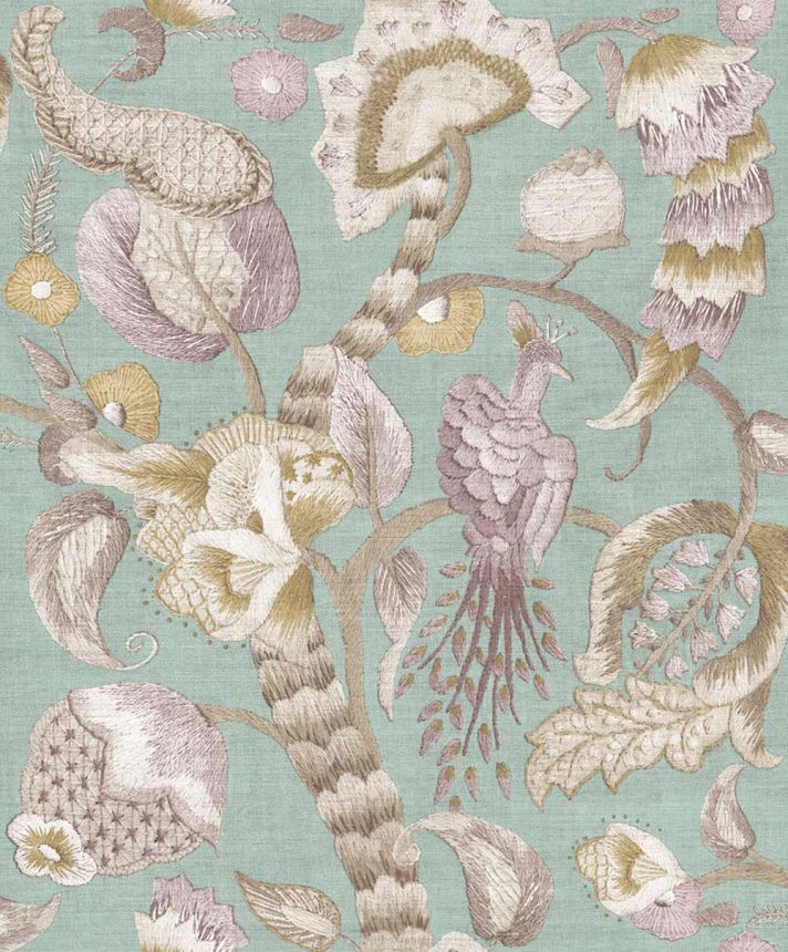 Tapete, grau, grün, blühende Zweige, Vögel, 5800, Jaipur, Parato by Cristiana Masi