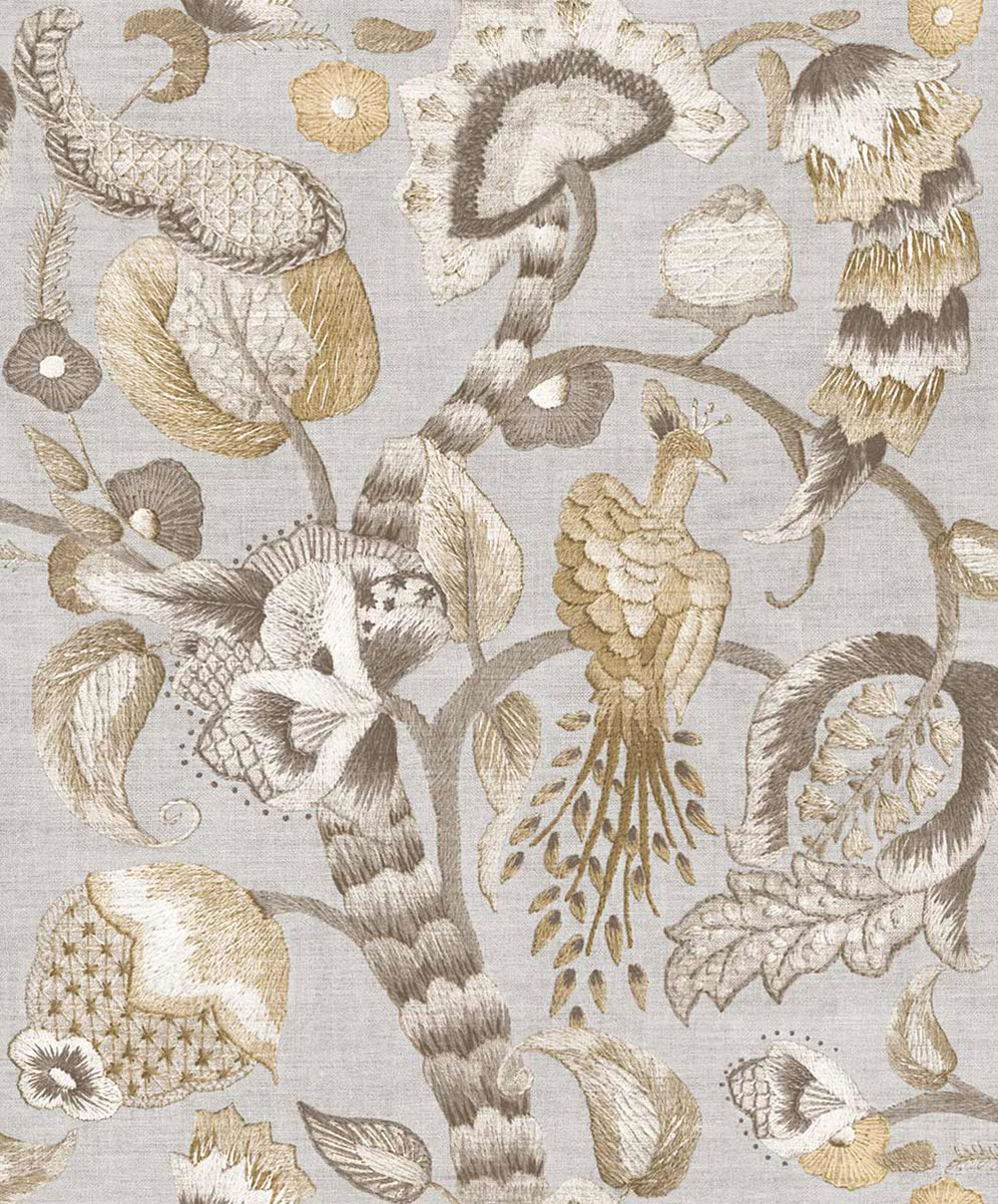 Tapete, grau, beige, blühende Zweige, Vögel, 5801, Jaipur, Parato by Cristiana Masi