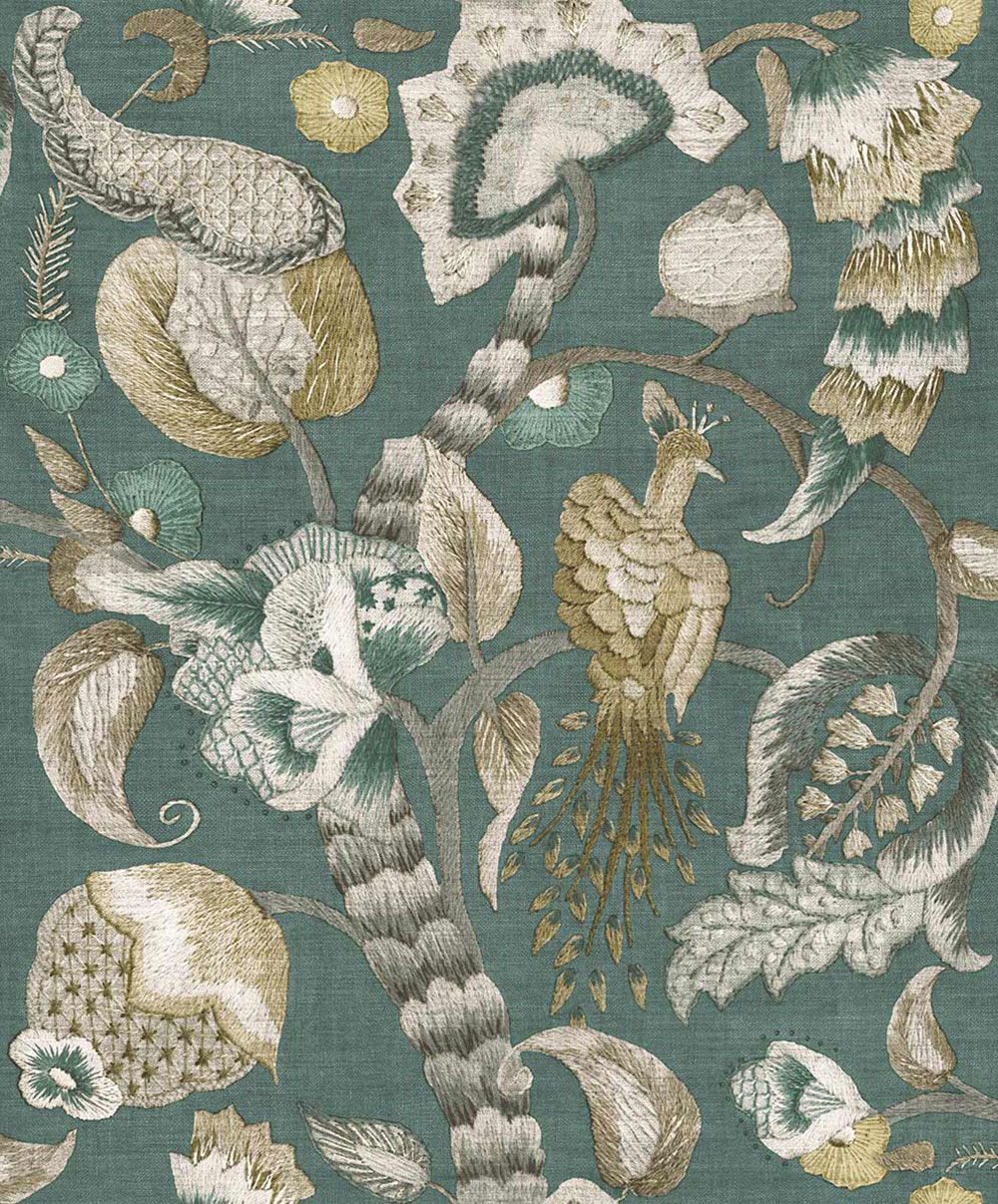 Tapete, grün, grau, blühende Zweige, Vögel, 5806, Jaipur, Parato by Cristiana Masi