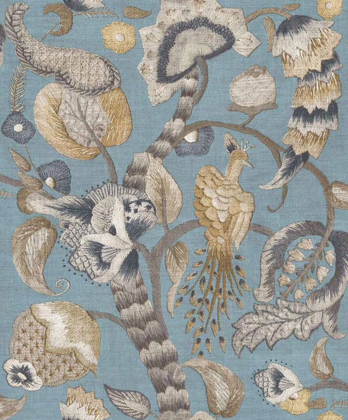 Tapete, blau, grau, blühende Zweige, Vögel, 5807, Jaipur, Parato by Cristiana Masi