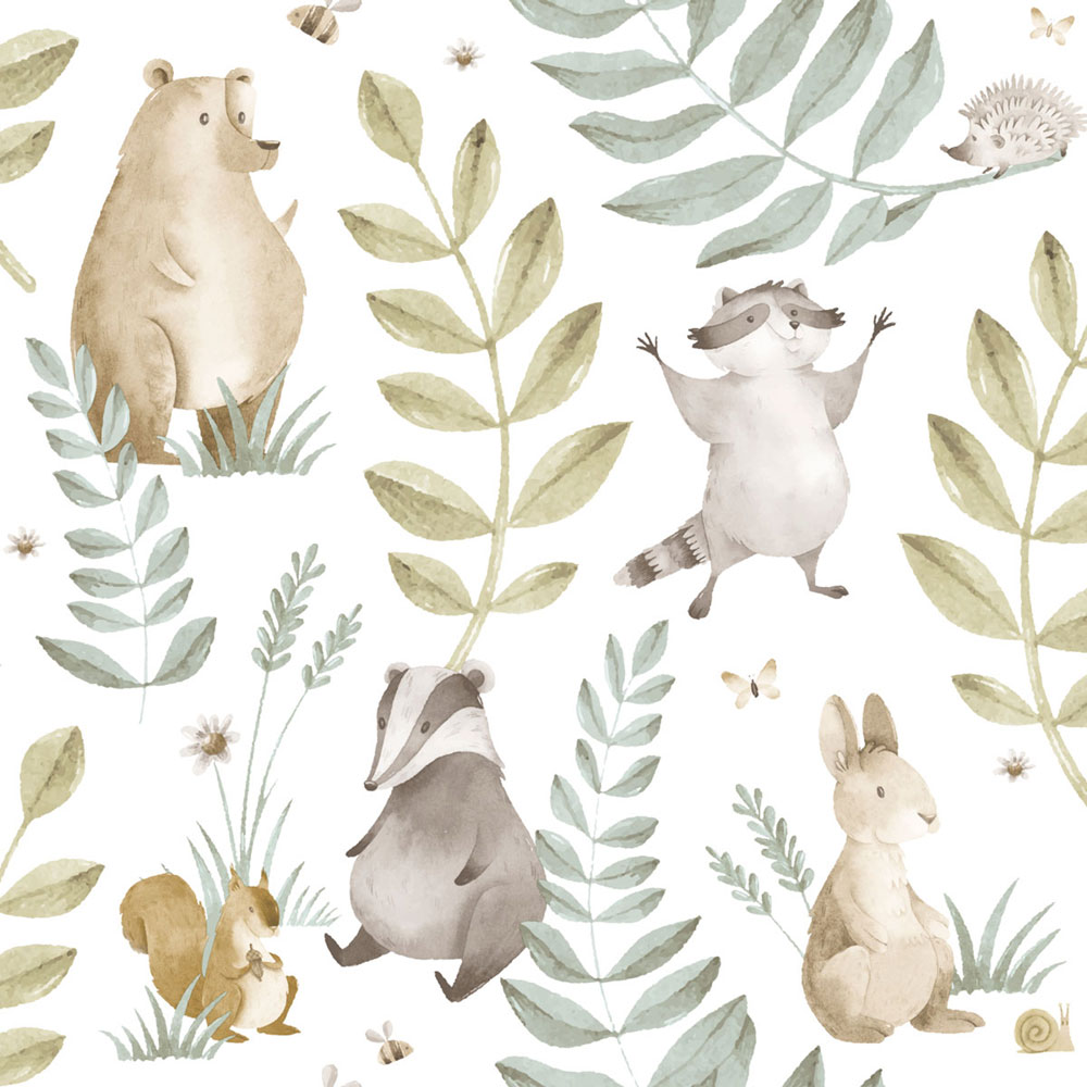 Kindertapete, blau, grün, Tiere und Blätter, 4410, Momi, Parato by Cristiana Masi