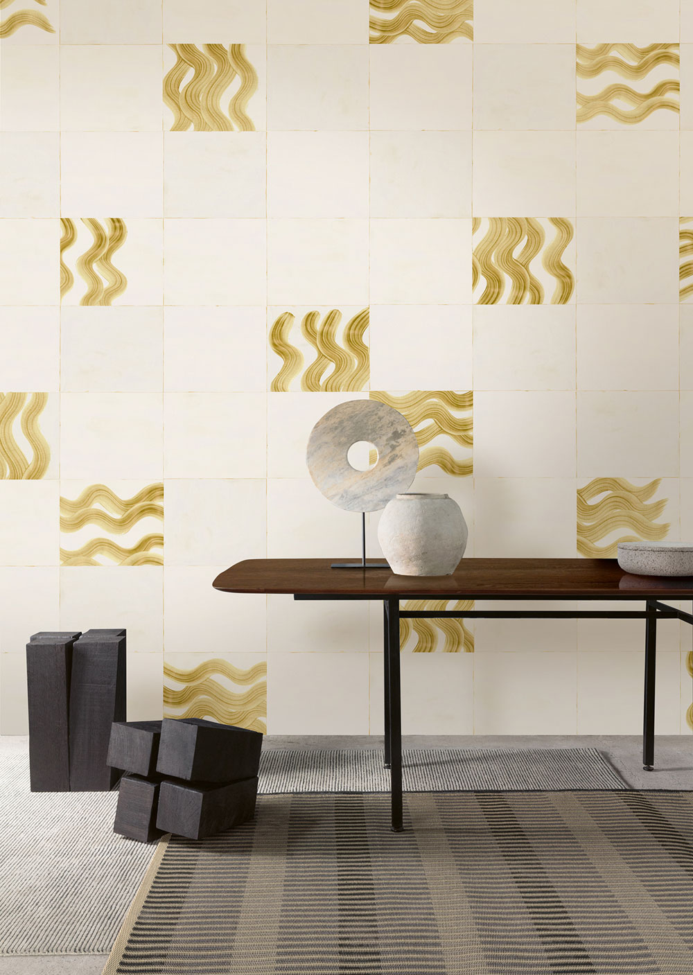 Fototapete, beige, gold, Wellen in Quadraten, DGTRA6021-260, Traces, Masureel