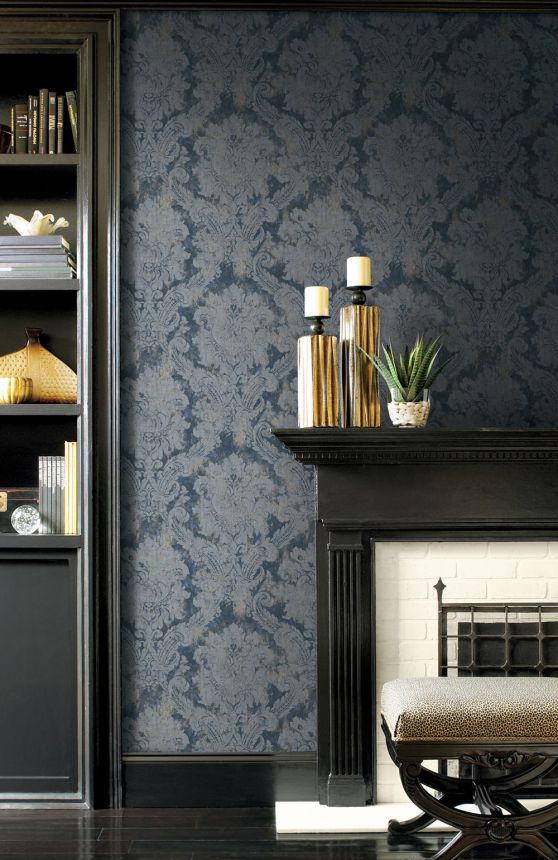 Tapete, blau, grau, Damastmuster, AU41006, Aurelia, Prestige Wallcoverings