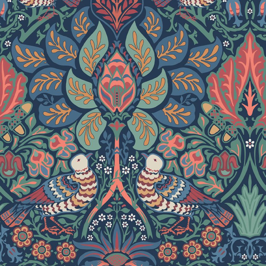 Tapete, Blau, Orange, Blumen, Vögel, 140477, William Morris at Home vol. 2