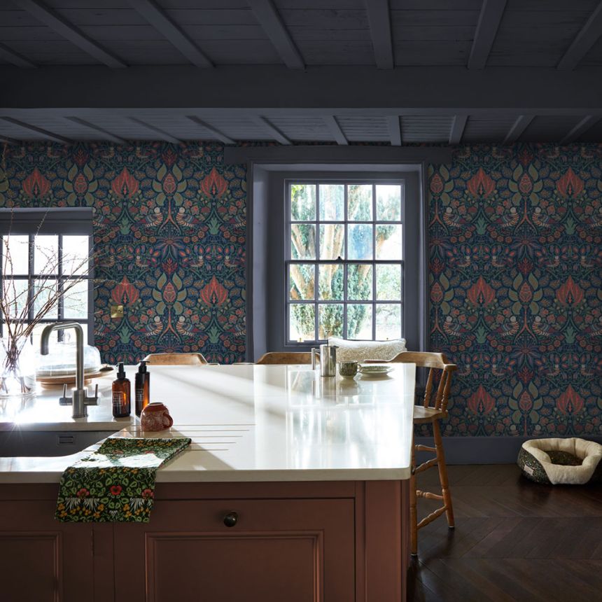 Tapete, Blau, Orange, Blumen, Vögel, 140477, William Morris at Home vol. 2
