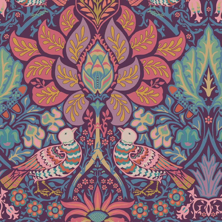 Tapete, Lila, Rosa, Blumen, Vögel, 140478, William Morris at Home vol. 2