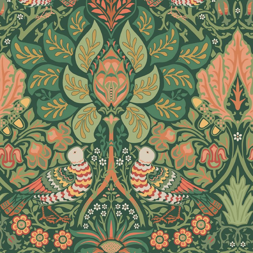 Tapete, Grün, Rot, Blumen, Vögel, 140480, William Morris at Home vol. 2