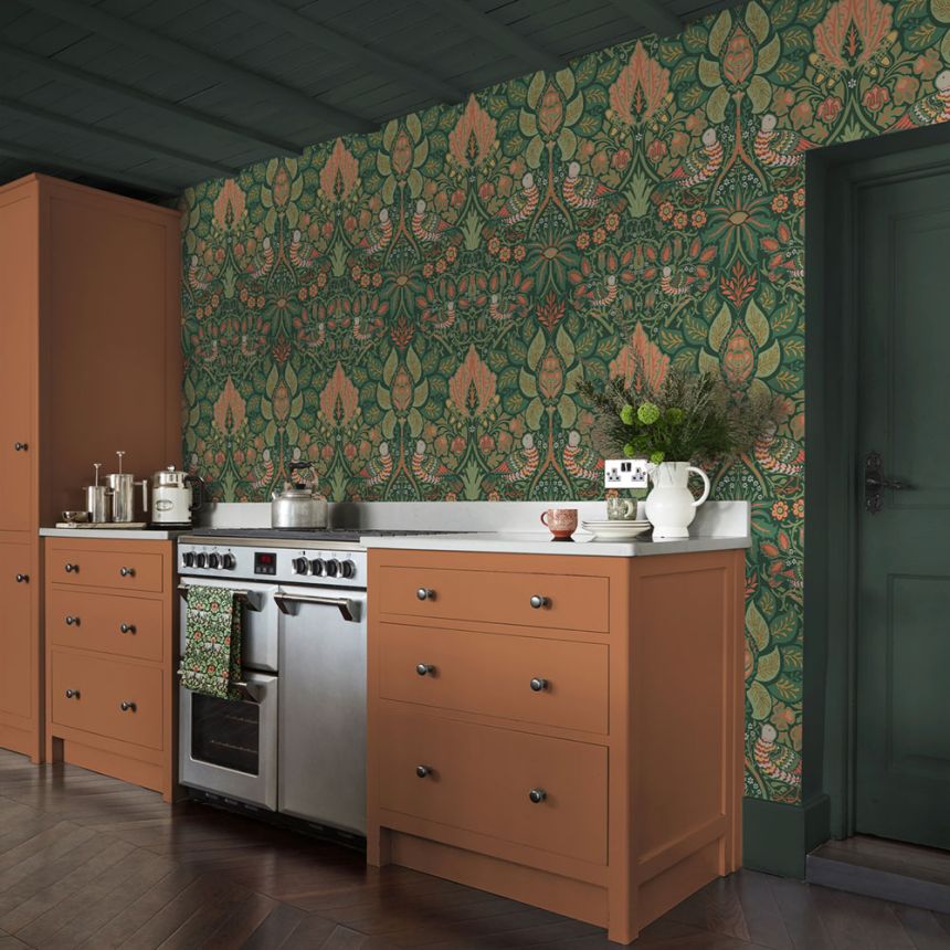 Tapete, Grün, Rot, Blumen, Vögel, 140480, William Morris at Home vol. 2