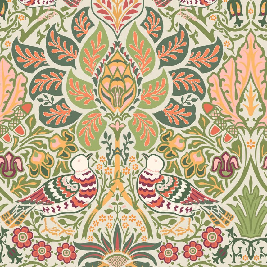 Tapete, Olivgrün, Rot, Blumen, Vögel, 140481, William Morris at Home vol. 2