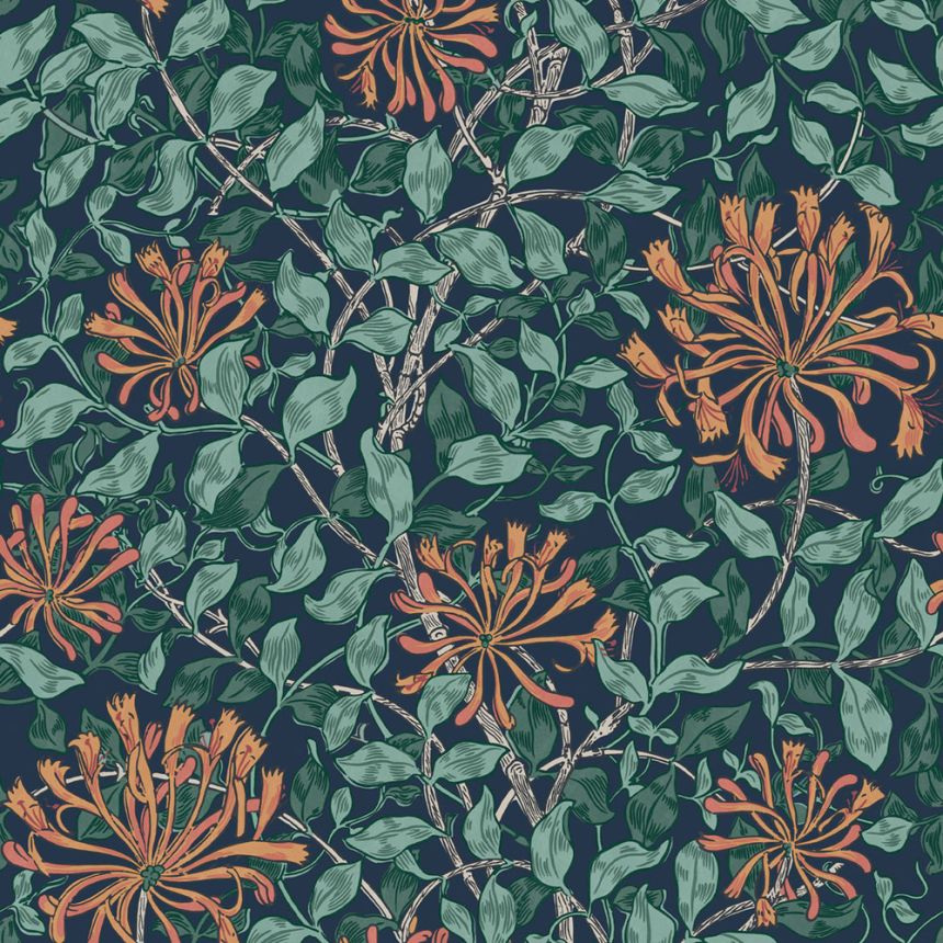 Tapete, Blau, Grün, Blumen, Blätter, 140484, William Morris at Home vol. 2