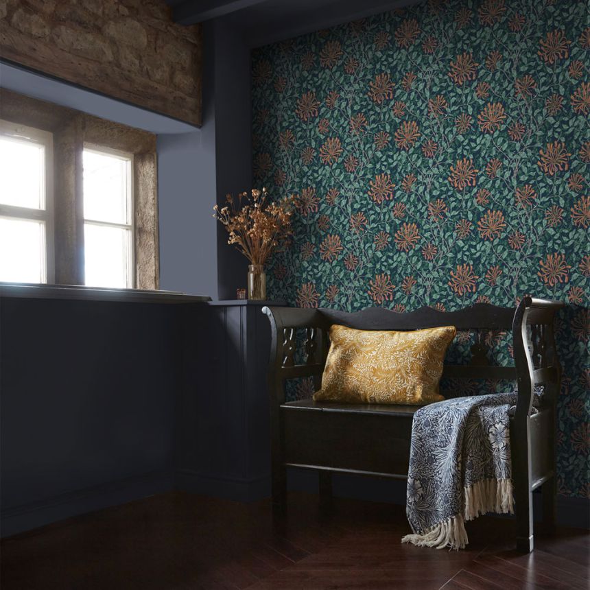 Tapete, Blau, Grün, Blumen, Blätter, 140484, William Morris at Home vol. 2