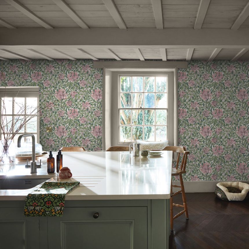 Tapete, Grün, Rosa, Blumen, Blätter, 140486, William Morris at Home vol. 2