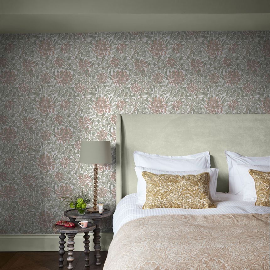 Tapete, Olivgrün, Rosa, Blumen, Blätter, 140488, William Morris at Home vol. 2