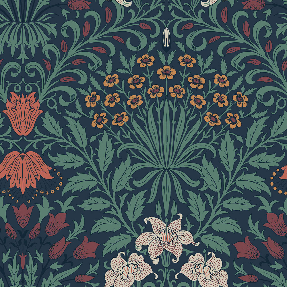 Tapete, Blau, Rot, Blumen, Blätter, 140494, William Morris at Home vol. 2