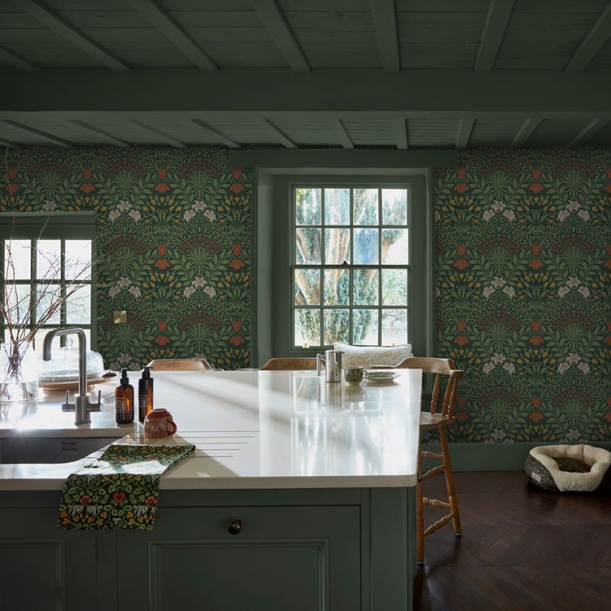 Tapete, Grün, Rot, Blumen, Blätter, 140495, William Morris at Home vol. 2