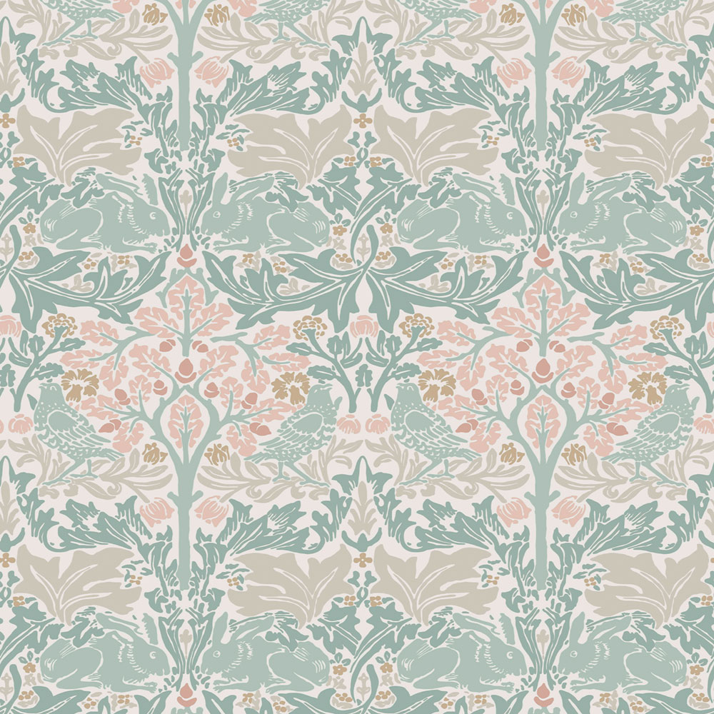 Tapete, Grün, Rosa, Blätter, Bäume, Vögel, Hasen, 140499, William Morris at Home vol. 2