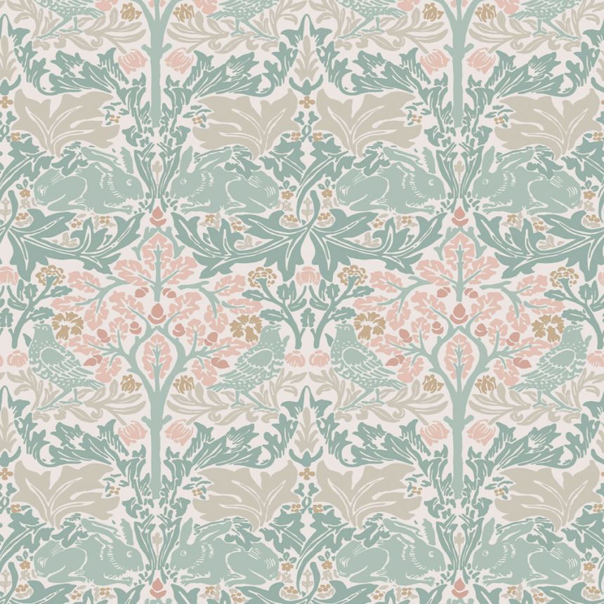 Tapete, Grün, Rosa, Blätter, Bäume, Vögel, Hasen, 140499, William Morris at Home vol. 2