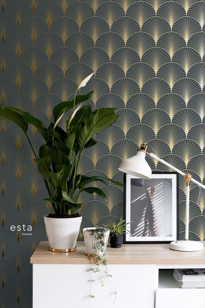 Dunkelblaue geometrische Vliestapete 139231, Art Deco, Esta