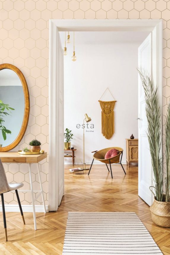 Beige Vliestapete, geometrisches Muster aus Sechsecken 139226, Art Deco, Esta