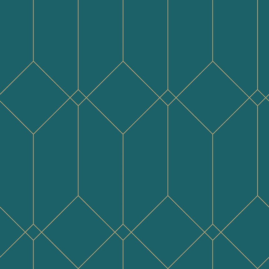 Türkisfarbene geometrische Vliestapete, goldene Linien 139224, Art Deco, Esta