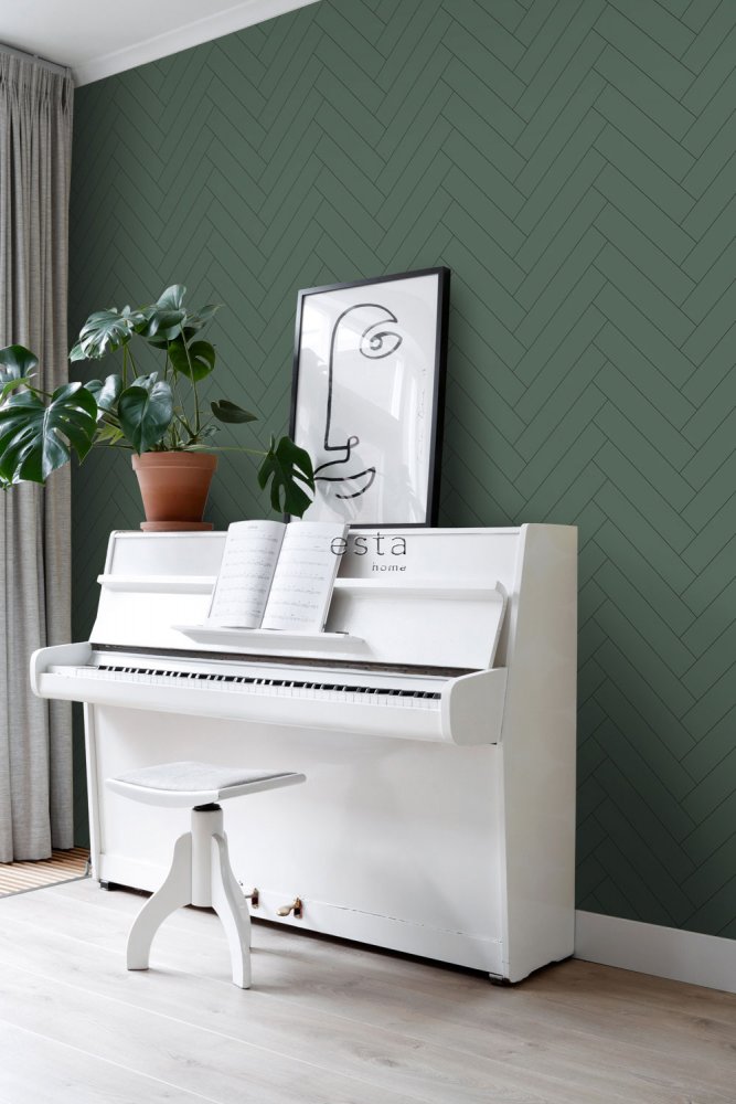 Dunkelgrüne Vliestapete mit Parkettmuster 139222, Art Deco, Esta