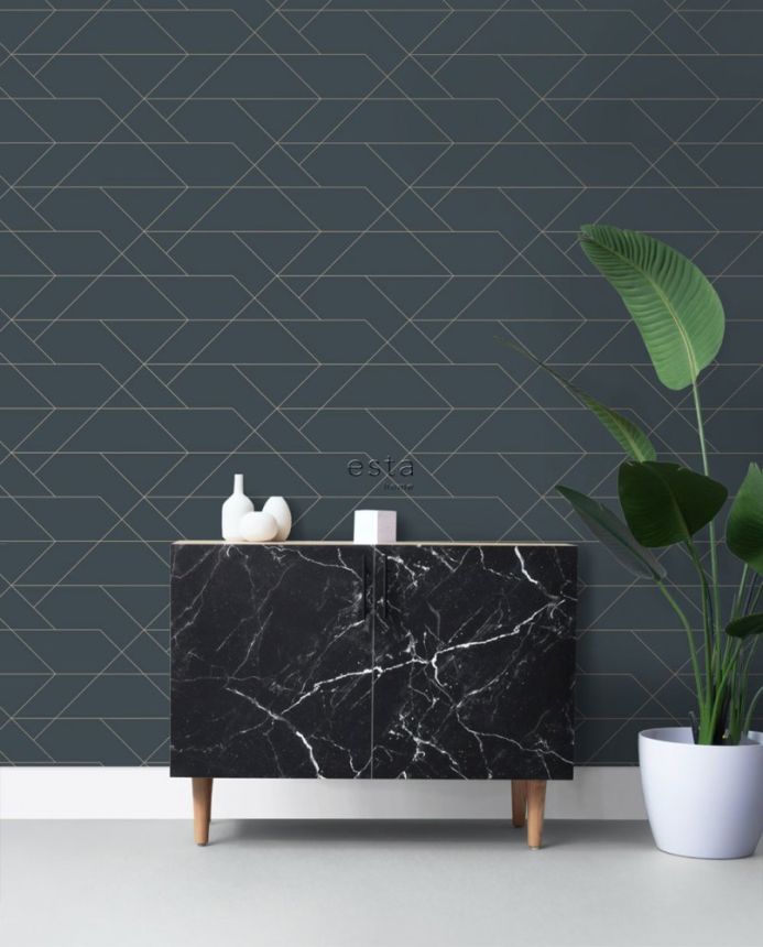 Dunkelblaue Vliestapete mit goldenen Linien 139213, Art Deco, Esta