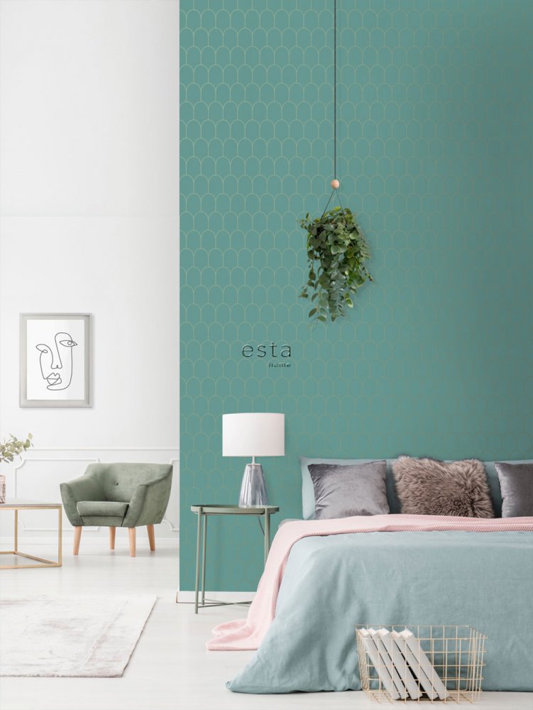 Türkis Vliestapete, geometrisches Bogenmuster 139204, Art Deco, Esta