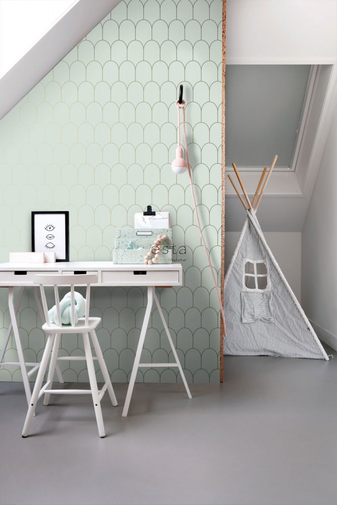 Menthol Vliestapete, geometrisches Bogenmuster 139202, Art Deco, Esta