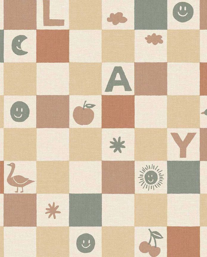 Kindertapete, grün, beige, Schachbrettmuster mit Symbolen, 363141, Tiny Treasures, Eijffinger