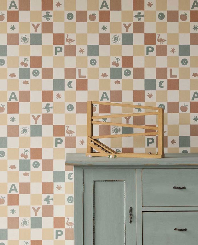Kindertapete, grün, beige, Schachbrettmuster mit Symbolen, 363141, Tiny Treasures, Eijffinger