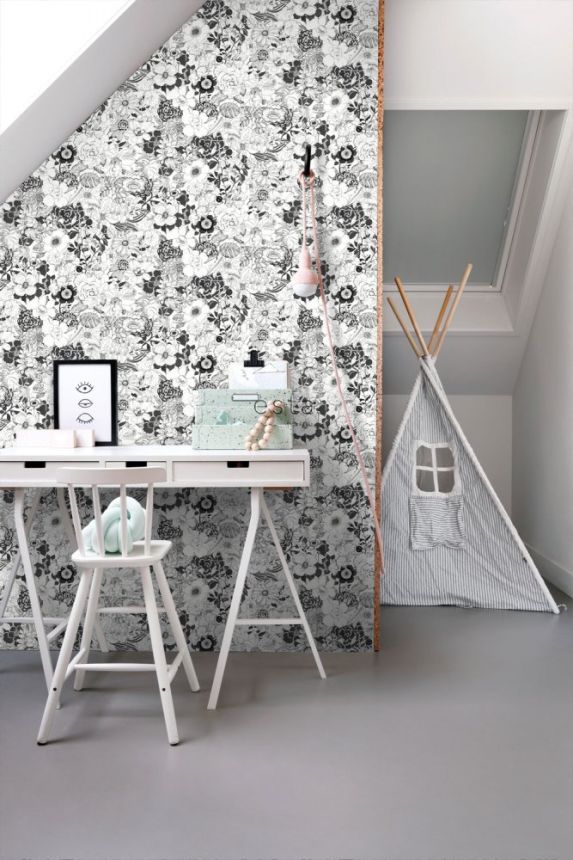 Schwarz-weiße Vliestapete für die Wand Blumen 138503, Black & White, Esta