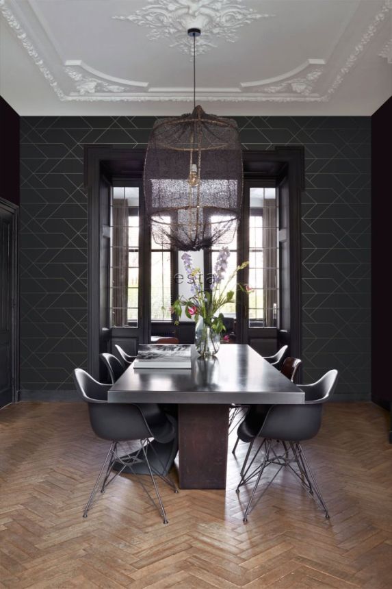 Schwarze Vliestapete mit goldenen Linien 139144, Black & White, Esta