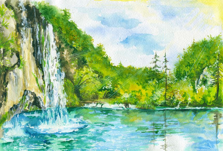 Fototapeten nach Maß, Landschaftsgemälde mit Wasserfall, 10225, Vavex