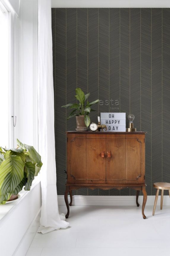 Vliestapete schwarz-gold, Streifen 139136, Black & White, Art Deco, Esta