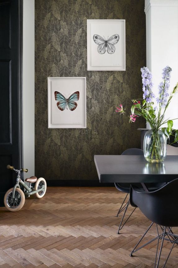 Schwarze Vliestapete mit goldenen Blattkonturen 139126, Black & White, Esta