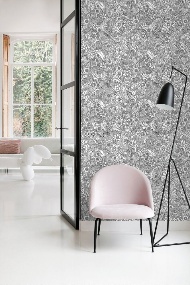 Schwarz-weiße Vliestapete für die Wand Blumen 139117, Black & White, Esta