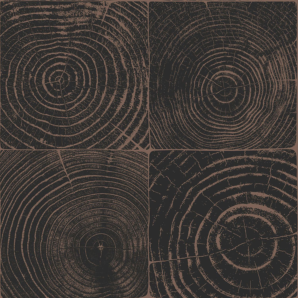 Tapete in schwarzbrauner Holzoptik mit Jahresringen, 347550, Matières - Wood, Origin