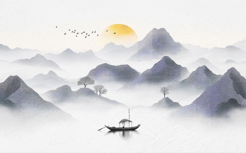 Fototapete nach Maß, Chinesische Landschaftsmalerei, Boot, 10252, Vavex