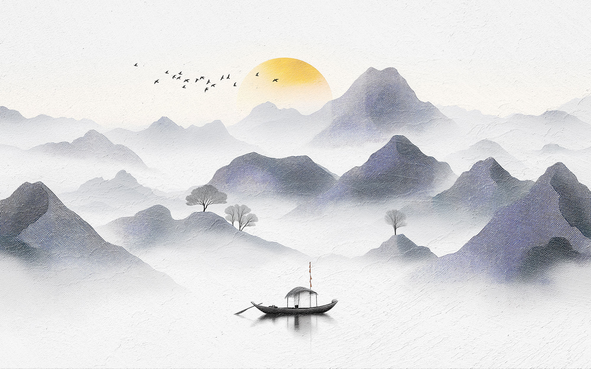 Fototapete nach Maß, Chinesische Landschaftsmalerei, Boot, 10252, Vavex