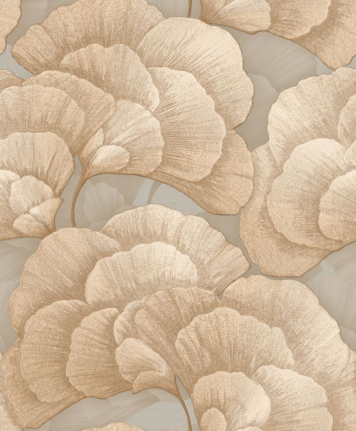 Tapete mit Ginkgoblättern, Grau-Beige, Gold, RE521014, Renaissance, Design ID