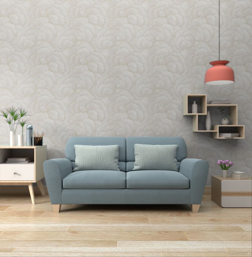Tapete mit Ginkgoblättern, Hellbeige-Grau, Silber, RE521011, Renaissance, Design ID