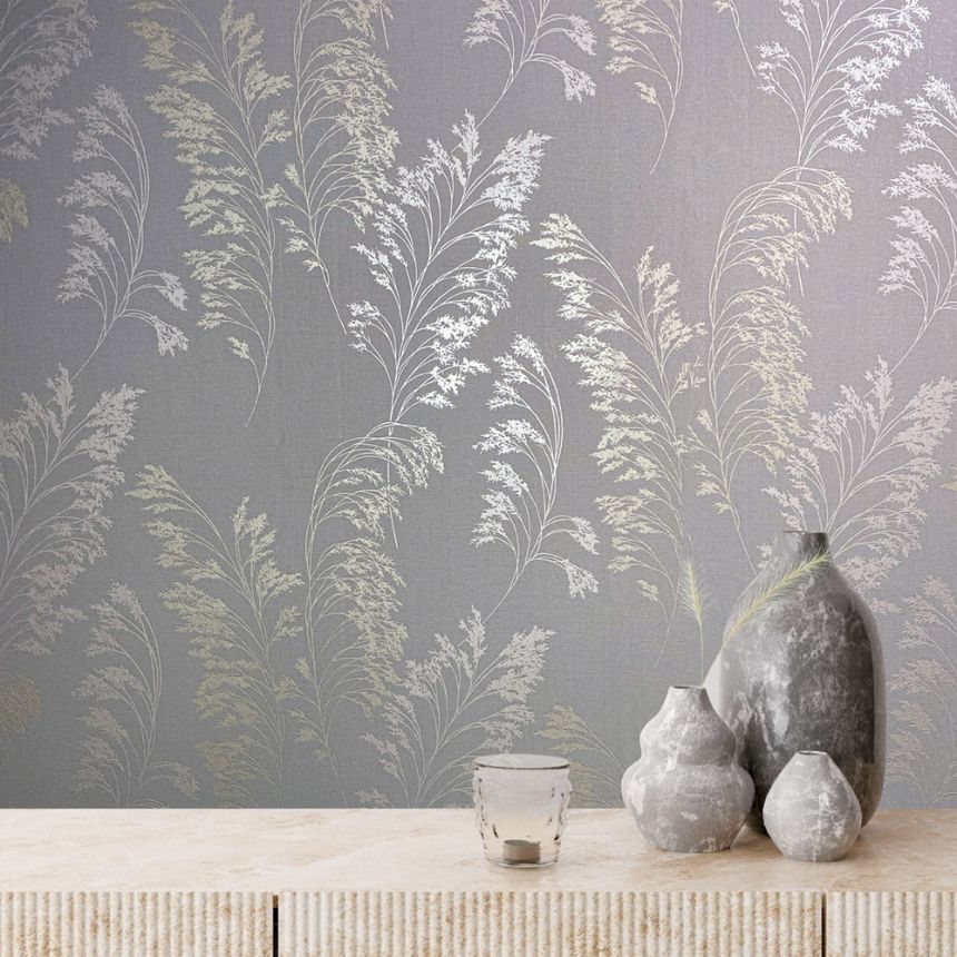 Vliestapete, grau, rosa-silber, Blüten, Blätter, S 82343, Bestseller Basic 1, Marburg
