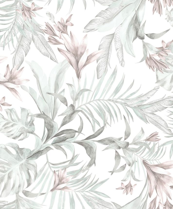 Tapete mit Blättern und Blüten, grau, rosa, 89051, Pia, Novamur