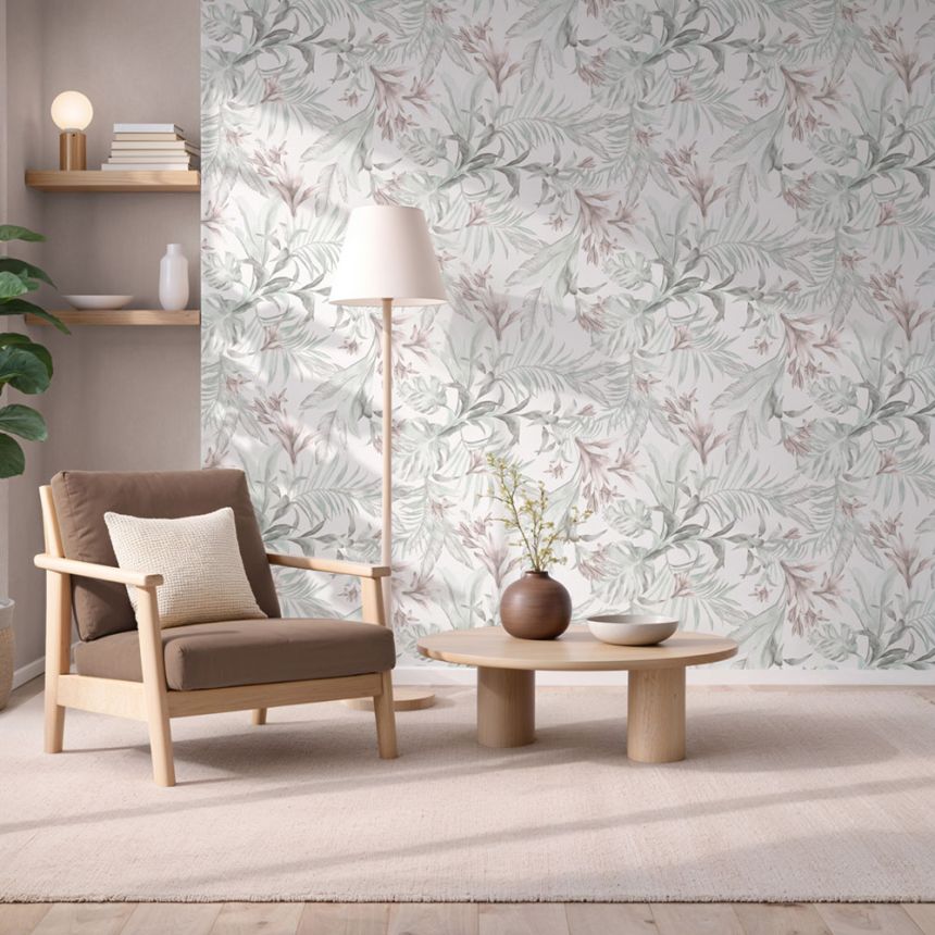 Tapete mit Blättern und Blüten, grau, rosa, 89051, Pia, Novamur